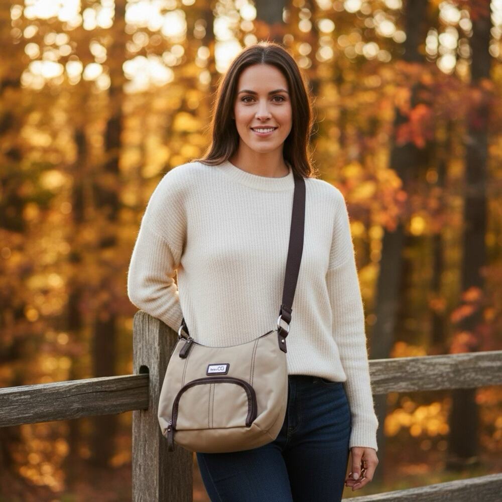 Nine & CO. Women's Brown Nylon Beige Brown Trim Crossbody Purse Bag - Picture 1 of 10
